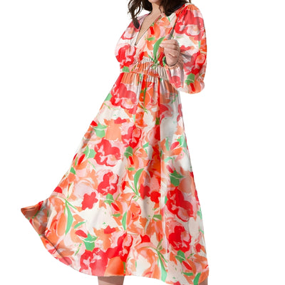 Women's Dress Long Sleeves with V-Neck and Painted Pattern