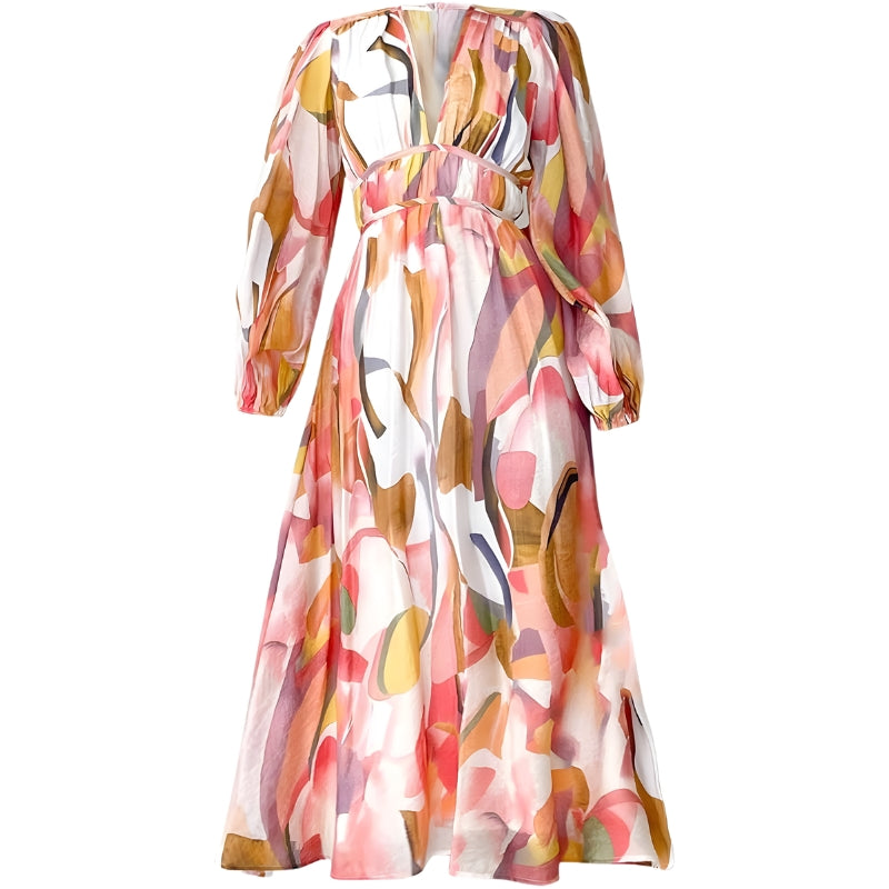 Women's Dress Long Sleeves with V-Neck and Painted Pattern