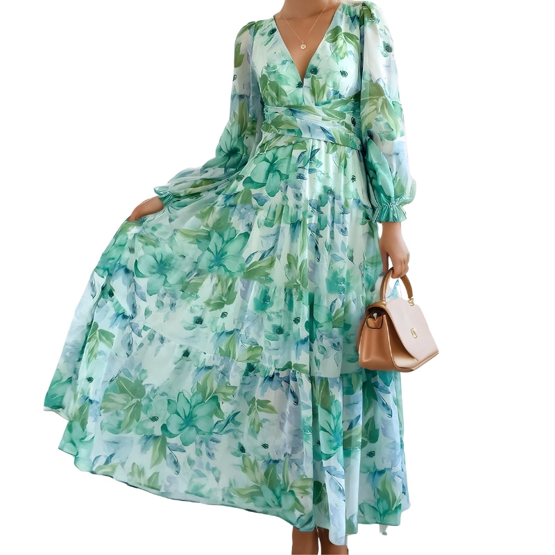 Women's Dress Long Sleeves with V-Neck and Painted Pattern