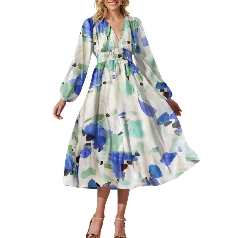Women's Dress Long Sleeves with V-Neck and Painted Pattern