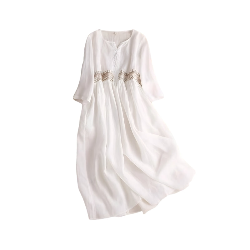 Women's Dress with V-Neck and Embroidered Waistband