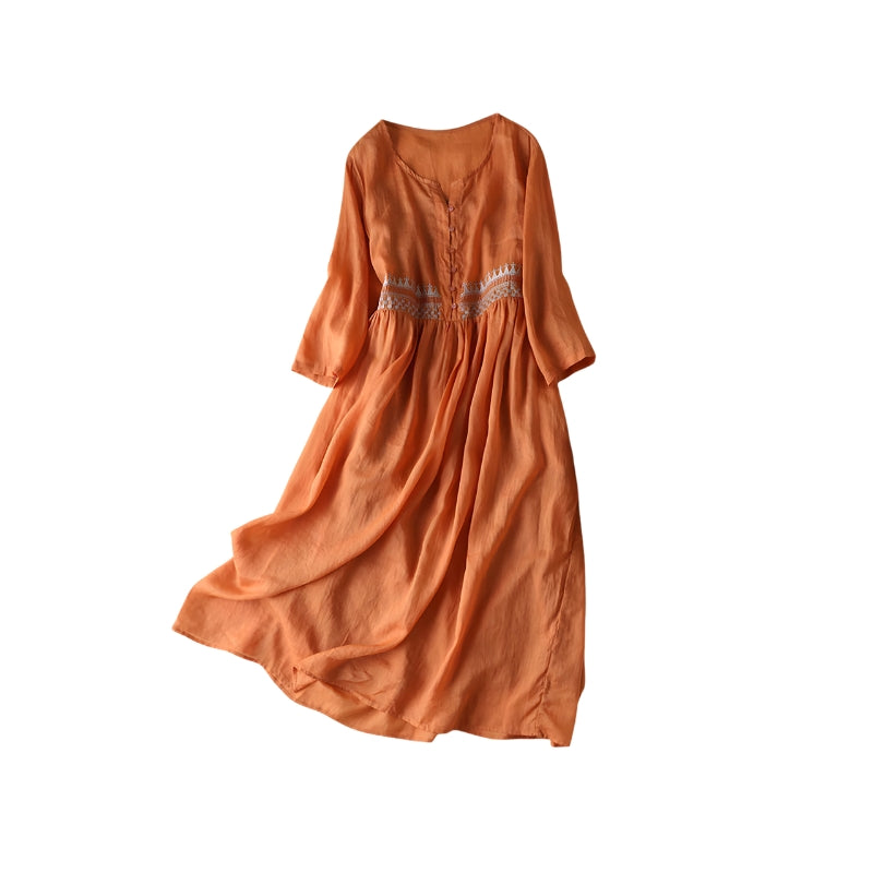 Women's Dress with V-Neck and Embroidered Waistband