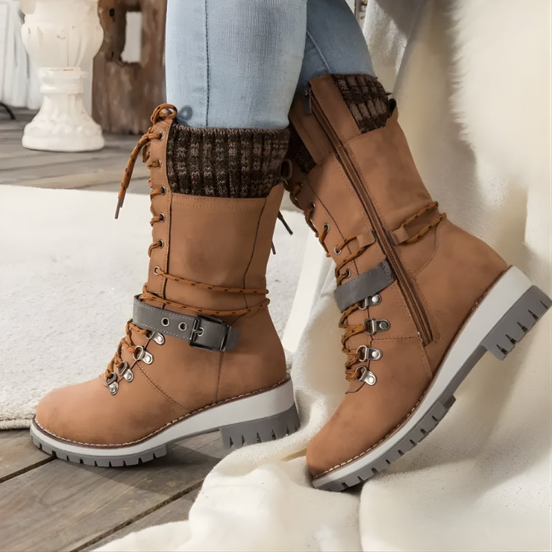 Women’s Lace-Up Winter Boots with Knit Cuff and Buckle Strap