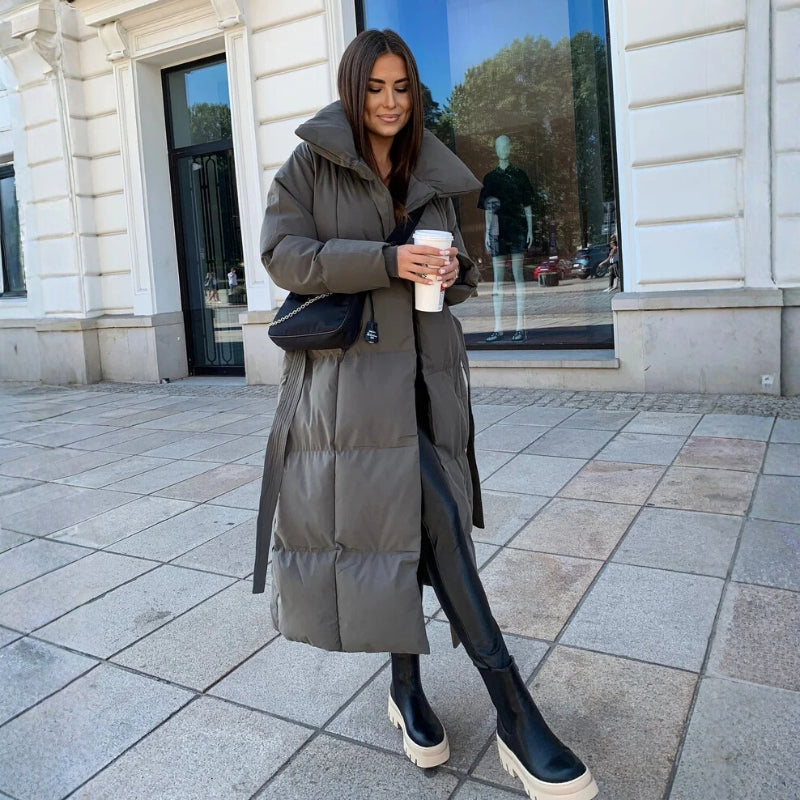 Women’s Long Padded Coat with High Collar and Belt Detail
