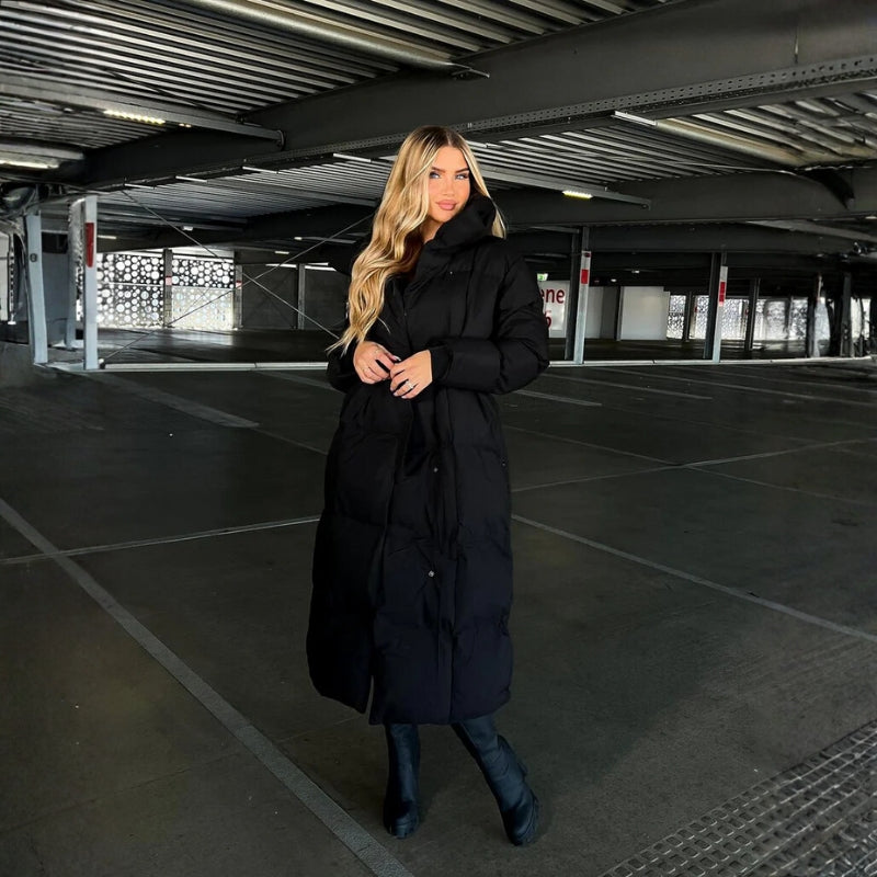 Women’s Long Padded Coat with High Collar and Belt Detail