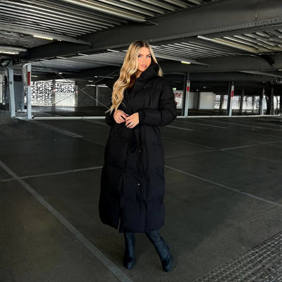 Women’s Long Padded Coat with High Collar and Belt Detail