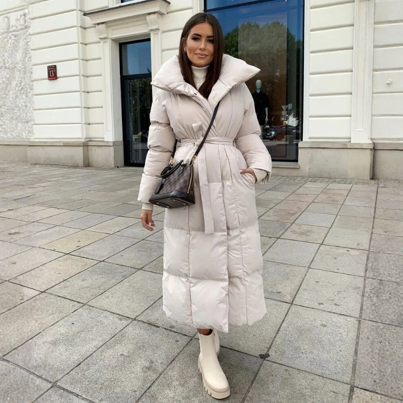 Women’s Long Padded Coat with High Collar and Belt Detail