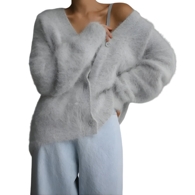 Women’s Long Sleeve Fuzzy Knit Cardigan with Buttons