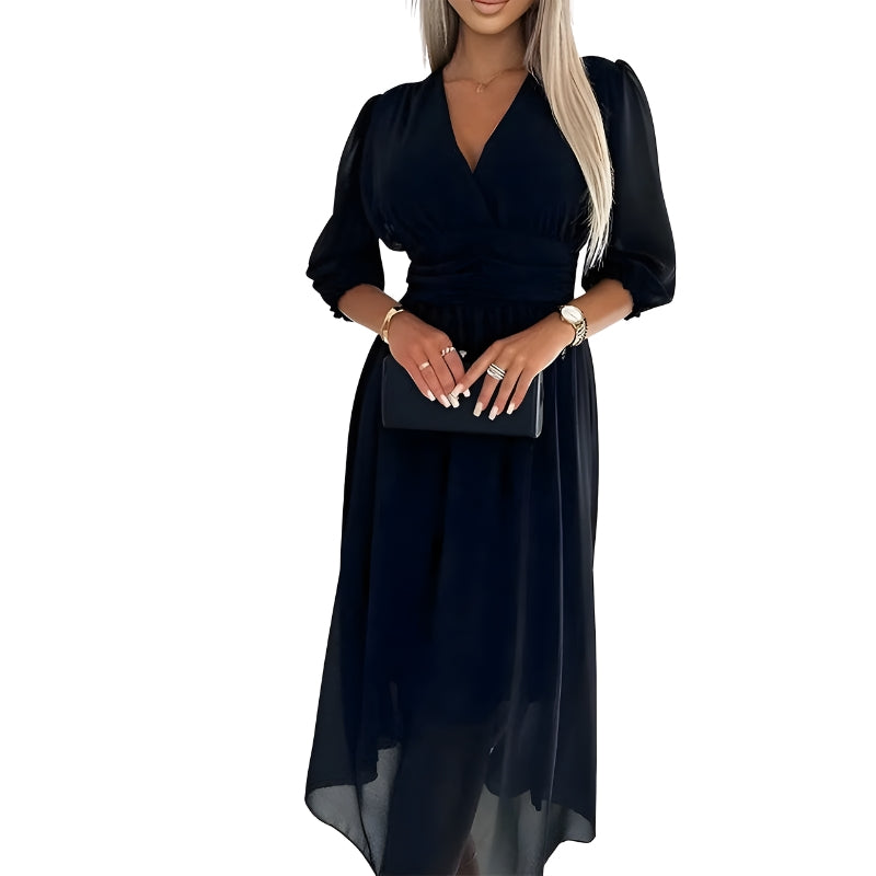 Women’s V-Neck Midi Dress with Gathered Waist