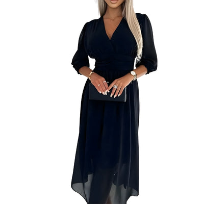 Women’s V-Neck Midi Dress with Gathered Waist