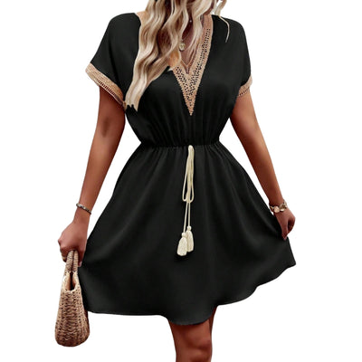 Women's V-Neck Mini Dress with Crochet Trim and Tassel Tie