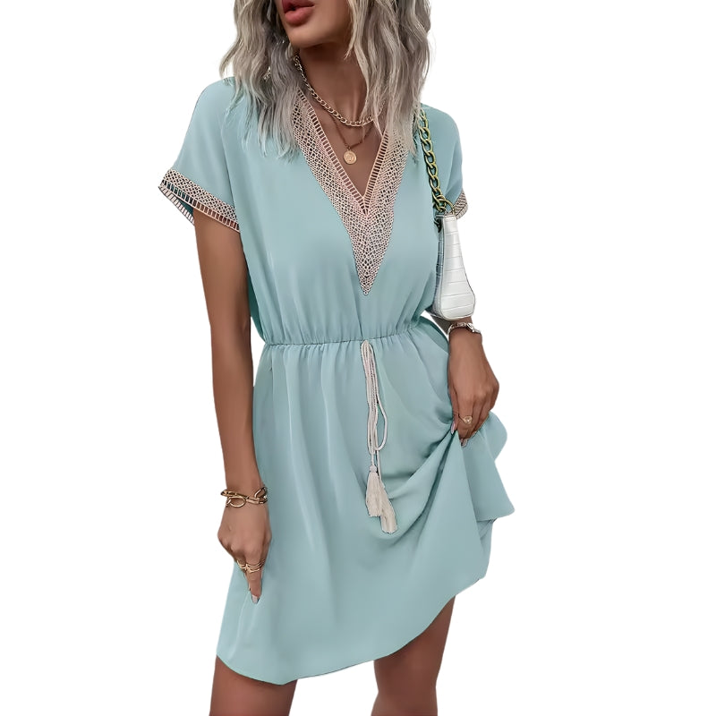 Women's V-Neck Mini Dress with Crochet Trim and Tassel Tie