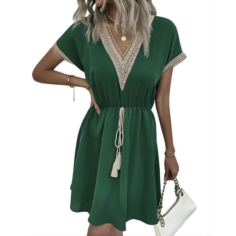 Women's V-Neck Mini Dress with Crochet Trim and Tassel Tie