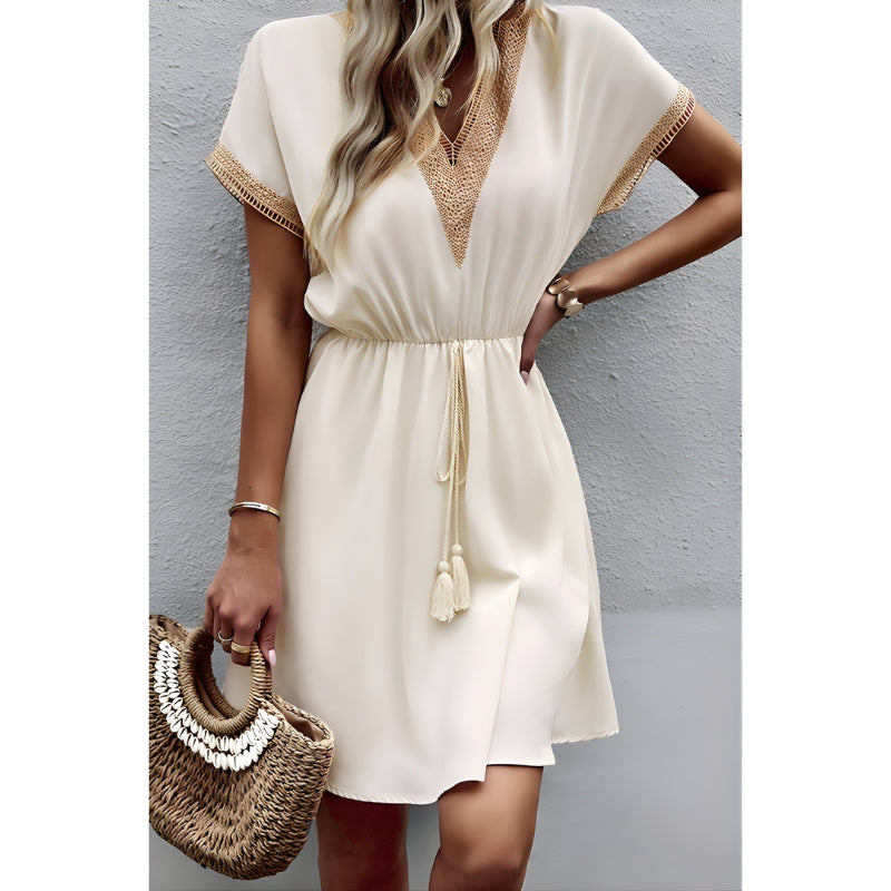 Women's V-Neck Mini Dress with Crochet Trim and Tassel Tie