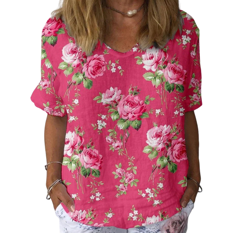 Women's Floral Loose Fit Short Sleeve V-Neck Top