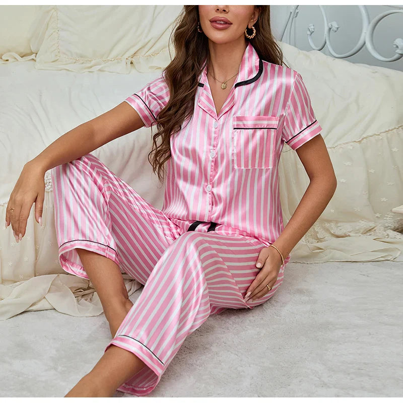 Women's 2-Piece Striped Pajama Set with Button-Front Top & Full Pants