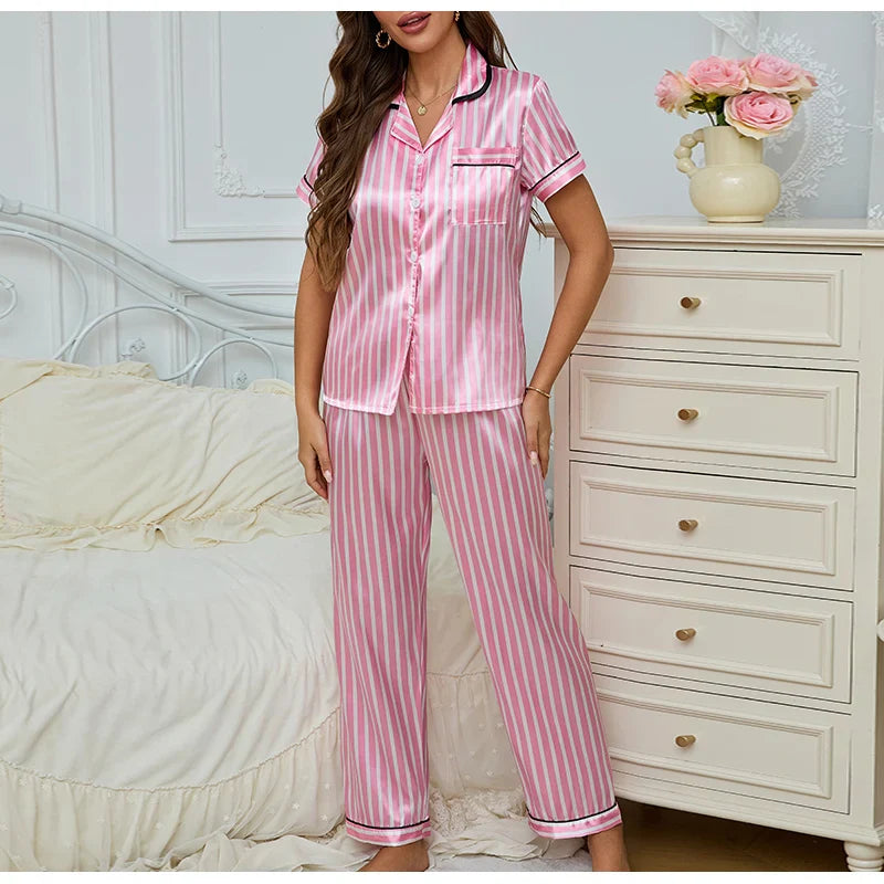 Women's 2-Piece Striped Pajama Set with Button-Front Top & Full Pants