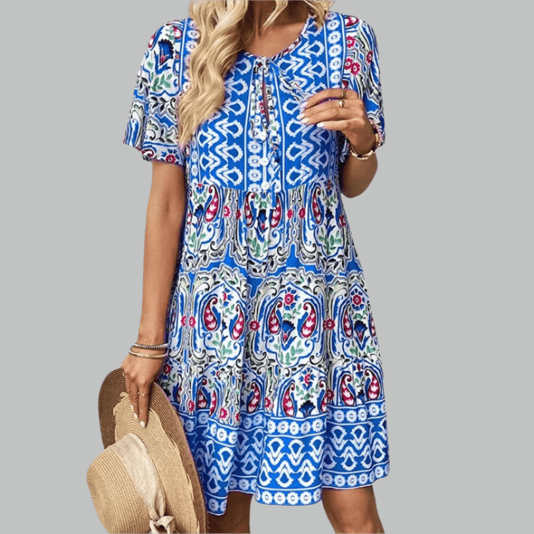 Women's Bohemian Print Mini Dress with Three Quarter Sleeves and Tiered Hem