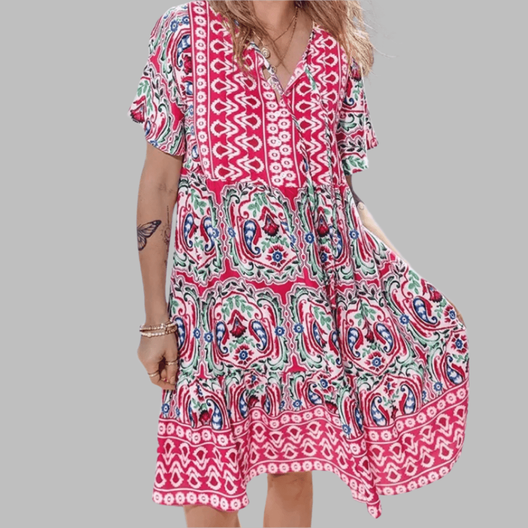 Women's Bohemian Print Mini Dress with Three Quarter Sleeves and Tiered Hem