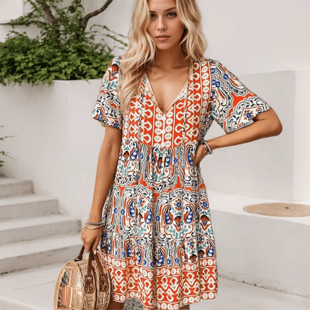 Women's Bohemian Print Mini Dress with Three Quarter Sleeves and Tiered Hem