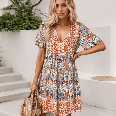 Women's Bohemian Print Mini Dress with Three Quarter Sleeves and Tiered Hem