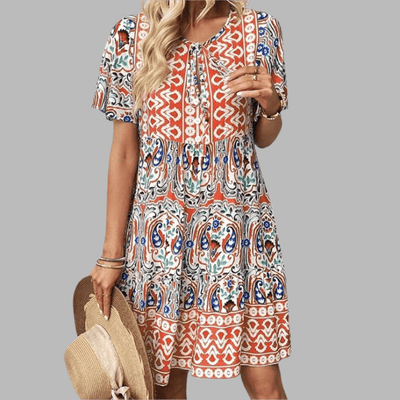 Women's Bohemian Print Mini Dress with Three Quarter Sleeves and Tiered Hem