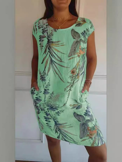 Women's Botanical Print Dress Round-Neck Short Sleeve