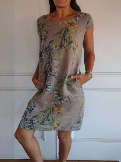 Women's Botanical Print Dress Round-Neck Short Sleeve