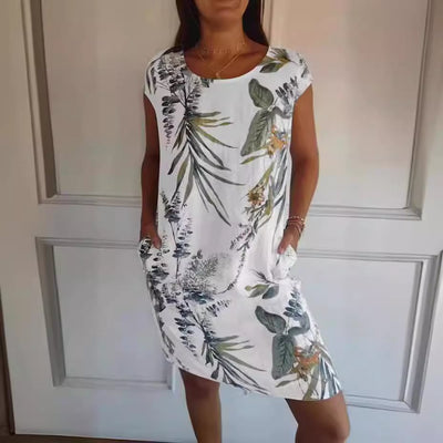 Women's Botanical Print Dress Round-Neck Short Sleeve
