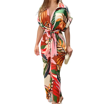 Women's Button-Down Midi Dress with Tie Waist Detail