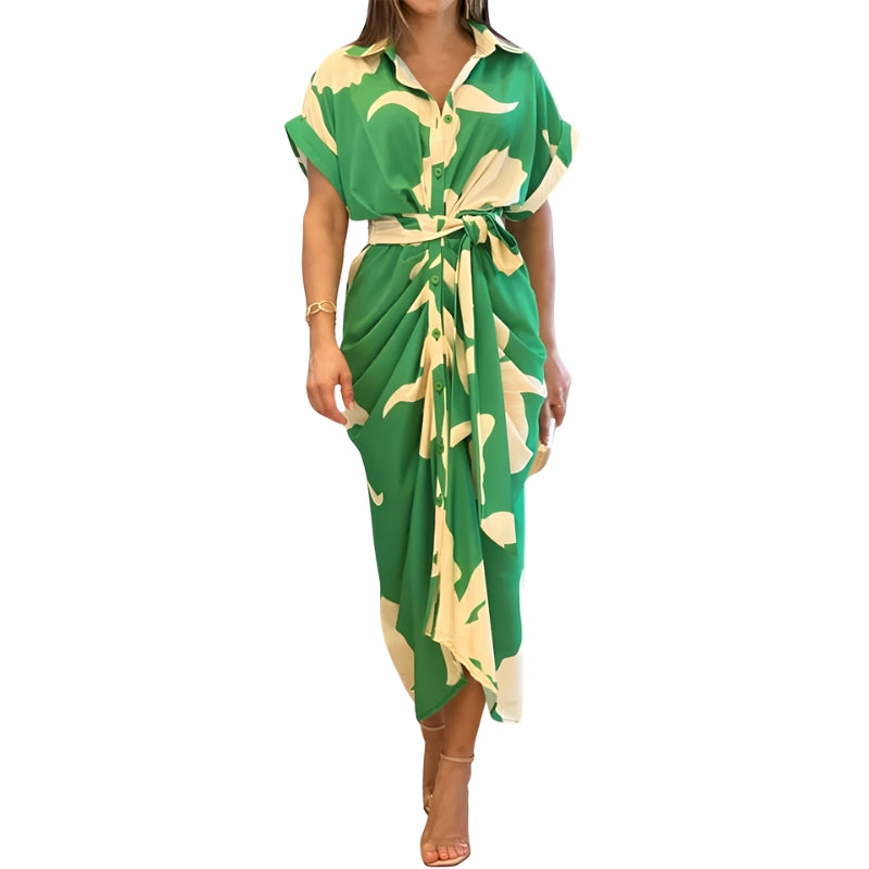 Women's Button-Down Midi Dress with Tie Waist Detail