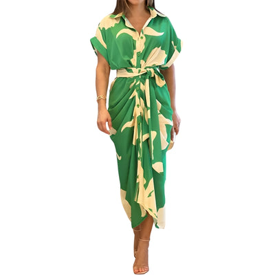 Women's Button-Down Midi Dress with Tie Waist Detail