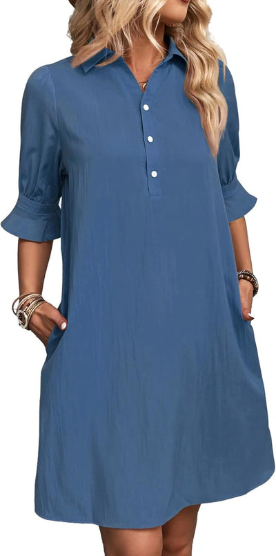 Women's Button Down Mini Dress with Ruffle Sleeves and Collared Neckline