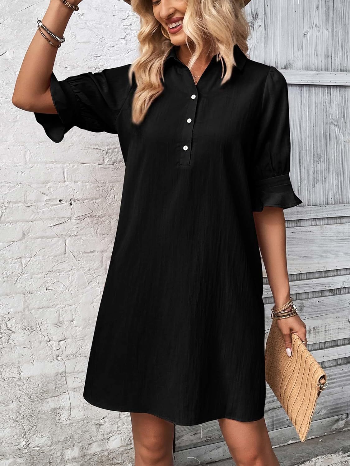 Women's Button Down Mini Dress with Ruffle Sleeves and Collared Neckline