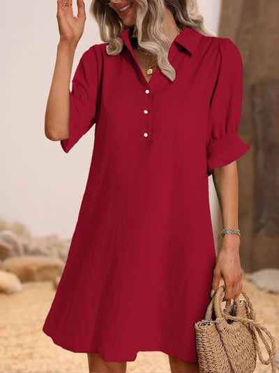 Women's Button Down Mini Dress with Ruffle Sleeves and Collared Neckline