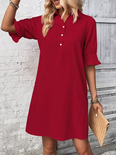 Women's Button Down Mini Dress with Ruffle Sleeves and Collared Neckline