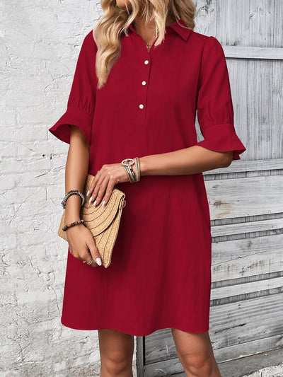 Women's Button Down Mini Dress with Ruffle Sleeves and Collared Neckline