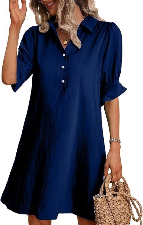 Women's Button Down Mini Dress with Ruffle Sleeves and Collared Neckline