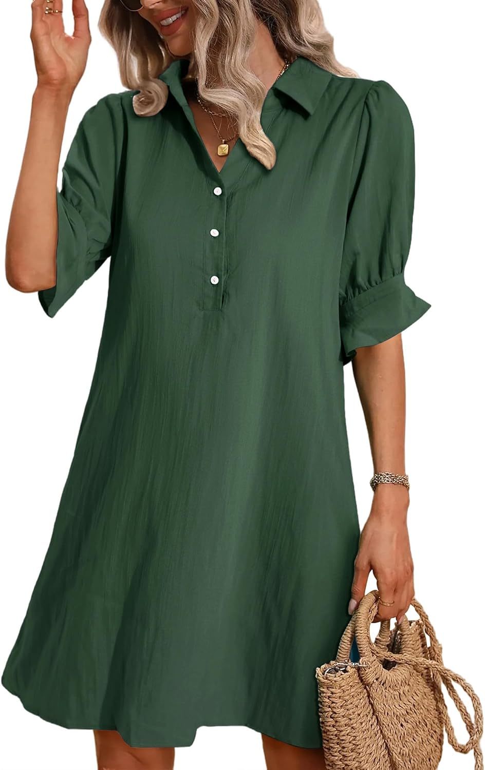 Women's Button Down Mini Dress with Ruffle Sleeves and Collared Neckline