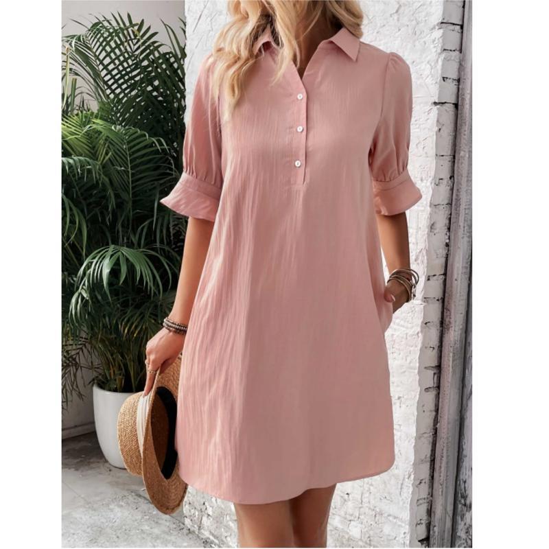 Women's Button Down Mini Dress with Ruffle Sleeves and Collared Neckline