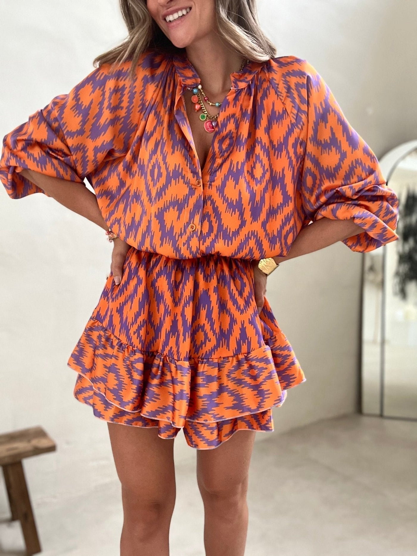 Women's Button-Front Romper with Geometric Print