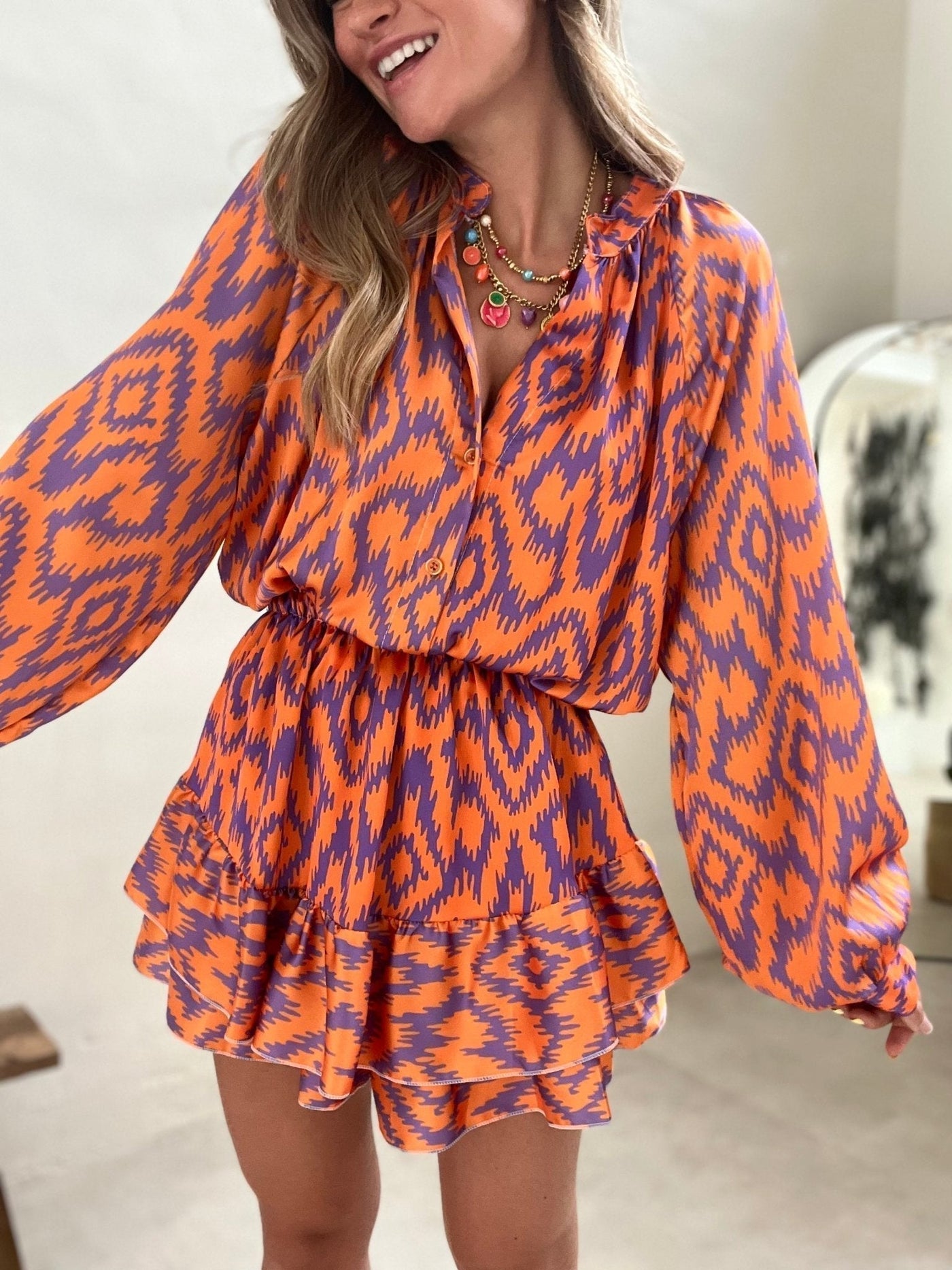 Women's Button-Front Romper with Geometric Print