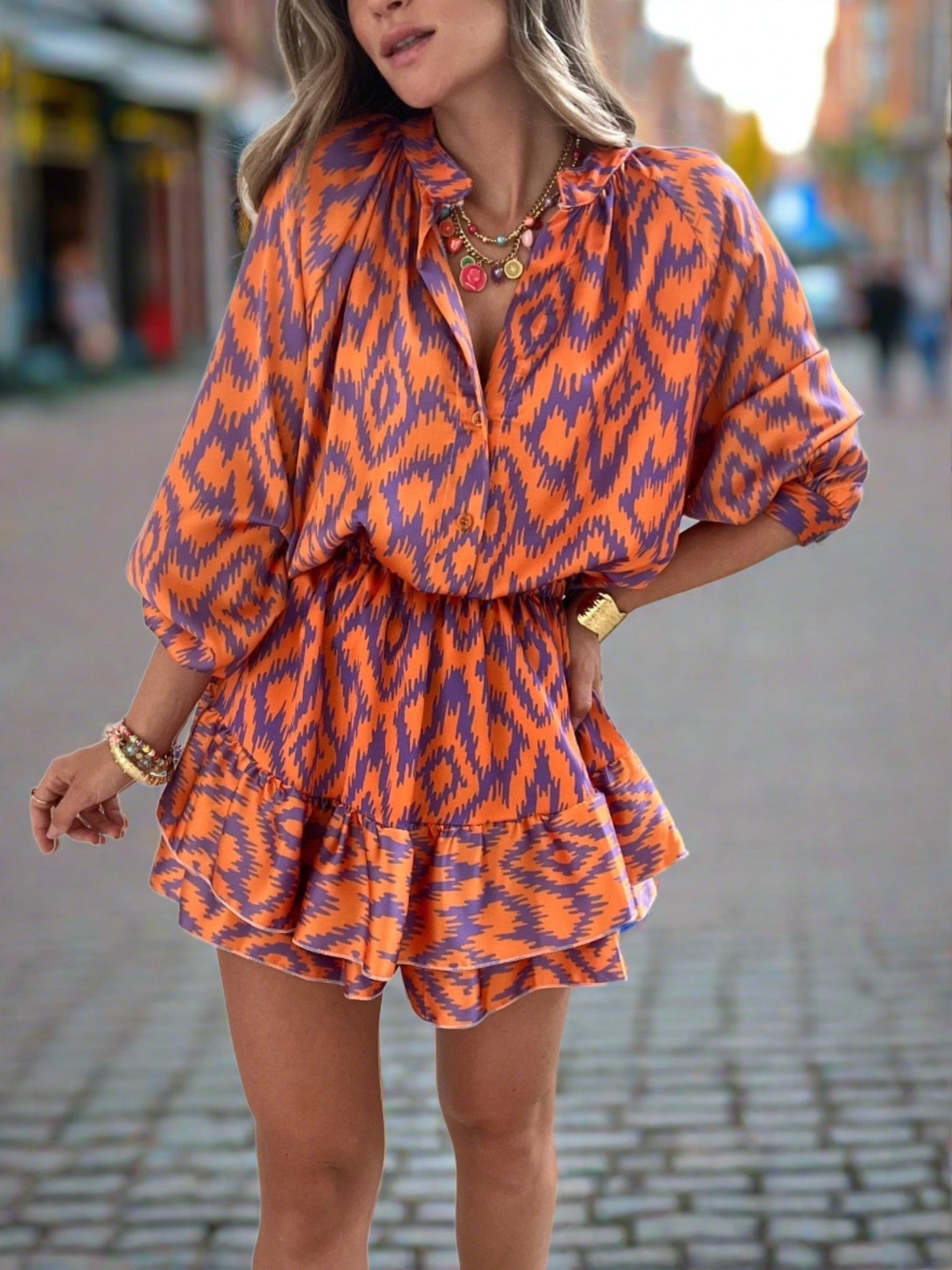 Women's Button-Front Romper with Geometric Print
