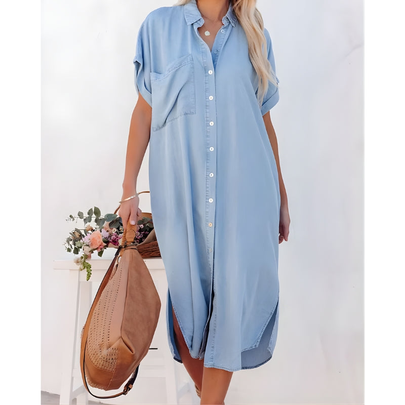Women's Button-Front Shirt Dress with Roll-Tab Sleeves