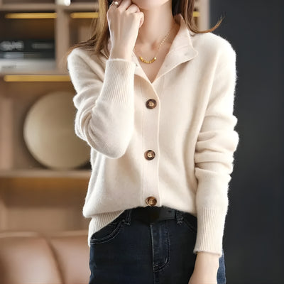 Women’s Button-Up Knit Cardigan with Ribbed Collar