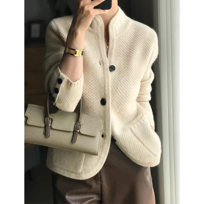 Women's Button Up Knit Cardigan with Ribbed Cuffs and Pockets