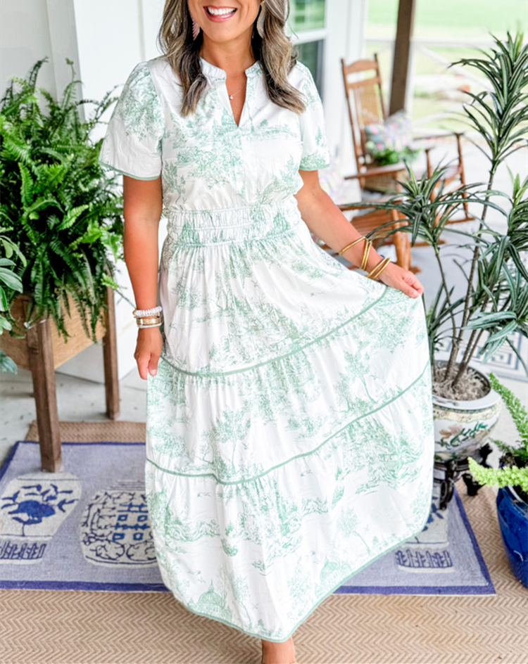 Women's Classic Printed Smocked Waist Maxi Dress