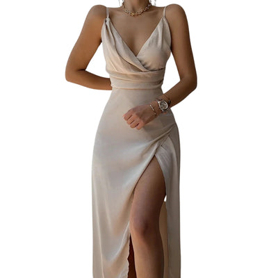 Women’s Deep V-Neck Spaghetti Strap Dress with Side Slit