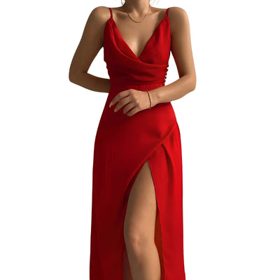 Women’s Deep V-Neck Spaghetti Strap Dress with Side Slit