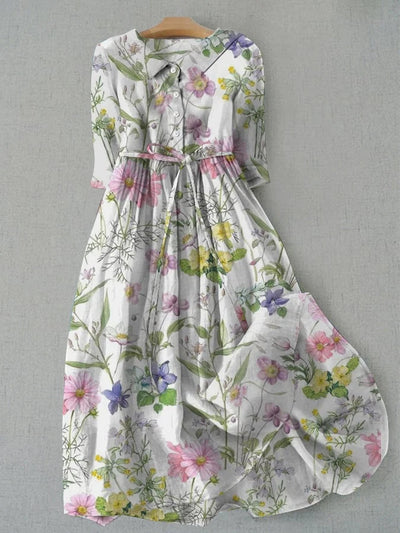 Women's Floral A-Line Midi Dress with Button Front and Waist Tie